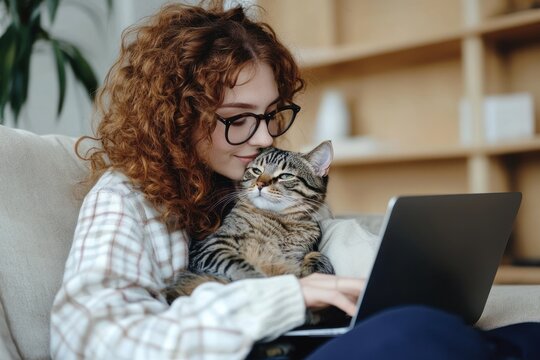 Young woman with curly hair and glasses gently holding a relaxed tabby cat while using a laptop on a couch in a cozy indoor setting