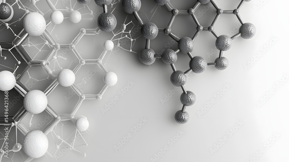Poster abstract representation of molecular structures in grayscale.