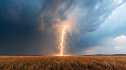 Lightning Strike Over Field Under Stormy Sky