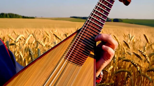 Musician playing a lute in wheat field, with hands plucking the strings, golden harvest background in summertime