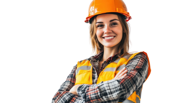 Smiling construction worker in safety gear, isolated on a white background.