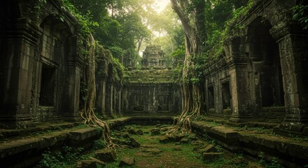 Ancient Ruins in Jungle: Ancient stone ruins, reclaimed by a vibrant jungle, creating a mesmerizing tableau of nature's dominance and historical splendor. The sunlight filters through the canopy.