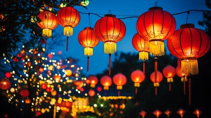 Obraz premium Festive red lanterns illuminate a twilight scene.