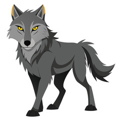 A gray wolf with piercing yellow eyes walks forward against a white background.