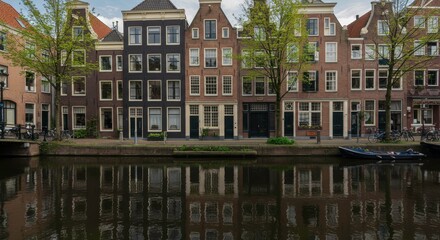 Obraz premium Amsterdam Canal's Architectural Harmony: A picturesque shot showcasing a serene canal lined with captivating buildings, demonstrating unique architectural styles.