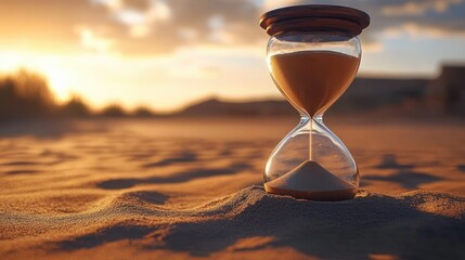 Hourglass partially buried in sand on beach during golden hour with a warm and peaceful ambiance