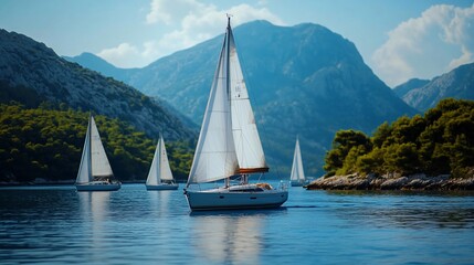 Naklejka premium Sailboats navigating on crystal-clear waters with mountain backdrop on a sunny day evoking a sense of adventure and tranquility