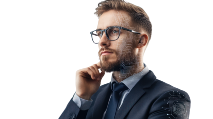 Thoughtful businessman in suit, wearing glasses, posing with hand on chin, white isolated background.