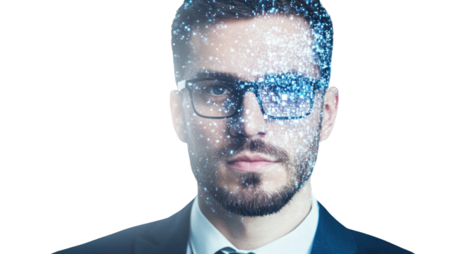 Stylish man with glasses, digital effects on face, futuristic vibe, white isolate background.
