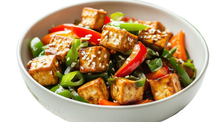 Vibrant bowl of stir-fried tofu with colorful bell peppers and green onions, perfect for healthy meals.