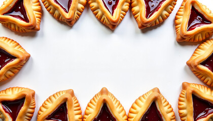 Delicious hamantaschen pastries arranged in a circular pattern

