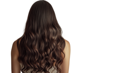 Woman with long wavy hair, viewed from the back, showcasing natural beauty and style.