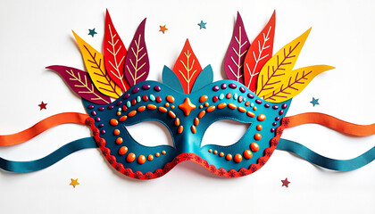 Colorful masquerade mask with feathers and ribbons
