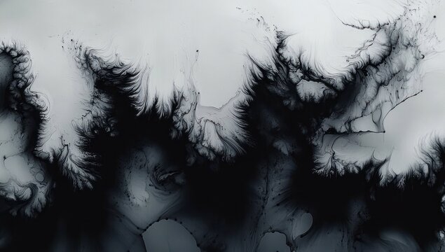 Abstract black ink flows and spreads on a pale gray surface creating feathered, organic patterns that evoke a sense of fluid motion and mystery