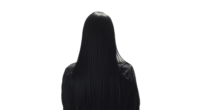 Woman with long black hair viewed from the back against a white isolated background.