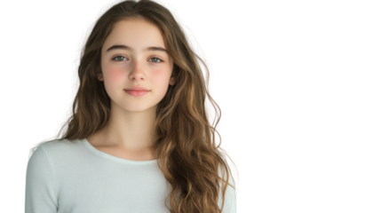 Young woman with long hair smiling softly, showcasing natural beauty and elegance.