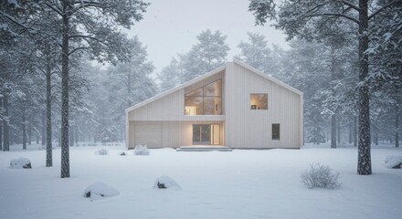 Winter Cabin Serenity: A modern cabin nestled amidst a snowy forest, its warm interior lights offering a welcoming contrast to the chilly exterior. Embrace the serene beauty and peaceful solitude.