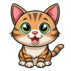 A happy tabby kitten with wide eyes and its tongue slightly out looks directly at the viewer  a white background.