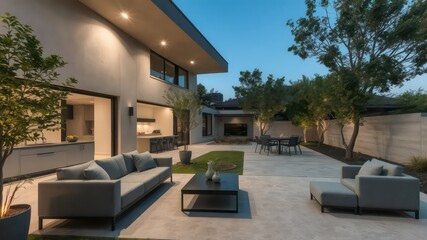 Modern minimalist backyard patio design with gray sofa and lounge chairs at dusk