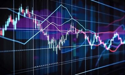 A stock market graph with sharp curves up and down, going from low to high, glowing in the dark on a black background. The chart is filled with vibrant colors representing different - Powered by Adobe