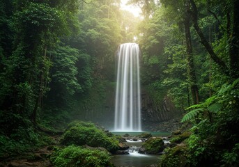 Cascading Veil: A picturesque waterfall cascades gracefully, creating a symphony of water, embraced by the embrace of lush greenery, inviting contemplation