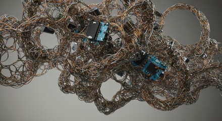 Technology and Interconnection: An artistic fusion of technology and natural elements, this image showcases intricate circuit boards woven organically with textured elements.