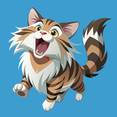 A joyful, long-haired tabby cat with white markings leaps excitedly with its mouth wide open.
