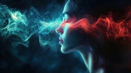 Profile of a woman with closed eyes emitting contrasting streams of blue and red smoke from her eyes, conveying a surreal and intense emotional atmosphere
