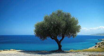 Solitary tree standing on a rocky shore overlooking a calm blue sea under a clear sky evoking tranquility and peacefulness