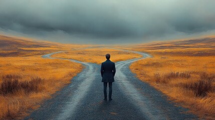 Man standing alone at a forked gravel path in a wide open field under a cloudy sky, symbolizing decision making and uncertainty