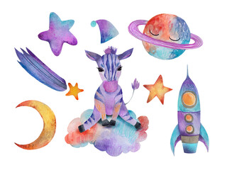 A cute, purple watercolor zebra is sitting on a colorful cloud.