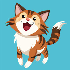 A joyful, long-haired tabby cat with white markings leaps excitedly with its mouth wide open.
