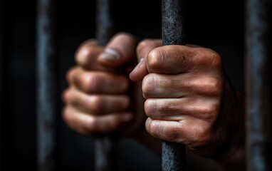 Hands gripping rusty prison bars in the dark, conveying despair, confinement, and the harsh reality of incarceration