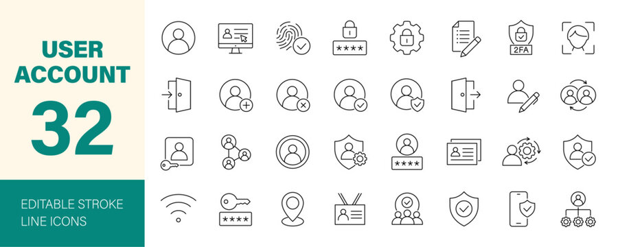 User Account icon set. Containing personal profile, password, login, username, access, avatar, connect, privacy, add friend and more. Editable line icons. Vector illustration.