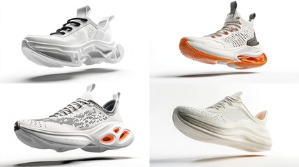 Four pairs of white sneakers in various styles, isolated on white background, showcasing chunky soles and different lacing/detailing