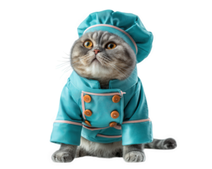 Playful American Shorthair cat dressed as chef, complete with turquoise chef coat and hat, exuding charming and whimsical expression. This adorable feline is ready to cook up some fun