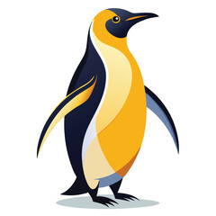 A king penguin with vibrant yellow plumage stands with its wings slightly outstretched, looking upwards  a white background.