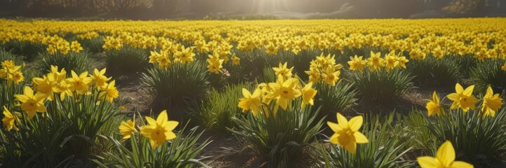 Fototapeta premium Sunny field ablaze with vibrant yellow daffodils blooming in spring , flowers, day