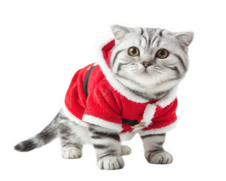 Playful American Shorthair cat dressed in tiny Santa suit, exuding charming and festive spirit. This adorable feline is ready to spread holiday cheer with its cute outfit and expressive eyes