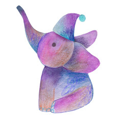 A cute, purple watercolor elephant is sitting on a colorful cloud