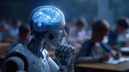 Fototapeta premium Artificial Intelligence in the Classroom: A futuristic vision, a sleek android, with a digital brain, contemplates in a classroom setting.