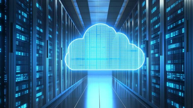 The rows of servers suggest the physical infrastructure that underpins cloud services.