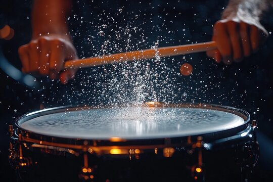 Close-up of hands playing a drum with drumsticks causing water droplets to splash dramatically on the drumhead under dark lighting