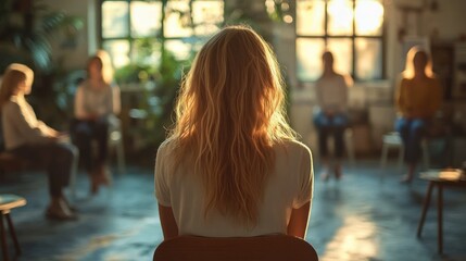 Group therapy or support meeting with five women sitting in a circle in a bright room with large windows and natural light creating a warm and reflective atmosphere