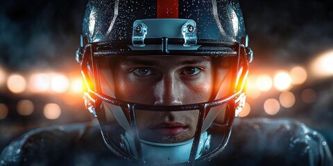 Close-up of intense male American football player wearing helmet with rain droplets and glowing stadium lights in background