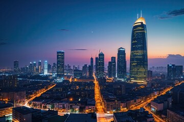 Fototapeta premium Impact of Private Equity on Global Markets and Emerging Sectors in a Nighttime Urban Landscape