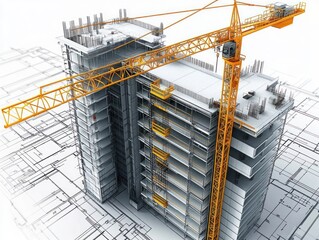High-rise building under construction with detailed concrete structure and bright yellow crane surrounded by architectural blueprints creating a sense of industrial progress