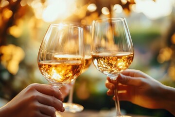 Obraz premium Two people toasting with glasses of white wine during a warm, golden sunset outdoors evoking a celebratory and joyful atmosphere