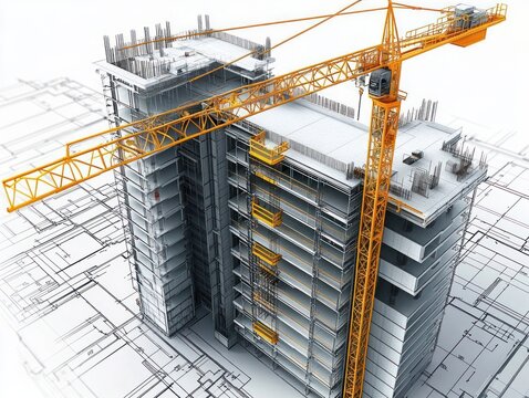 High-rise building under construction with detailed concrete structure and bright yellow crane surrounded by architectural blueprints creating a sense of industrial progress