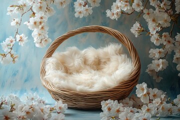 Empty woven basket with soft fluffy lining surrounded by delicate white cherry blossom flowers on a light blue textured background creating a tranquil spring scene
